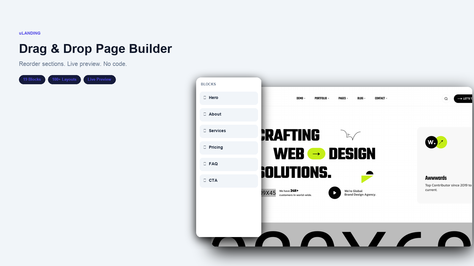 uLanding drag-and-drop page builder with blocks panel open