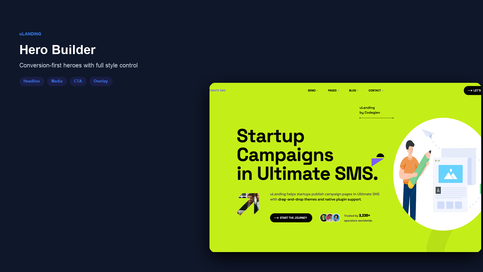 uLanding Hero Builder — headline, media, CTA, overlay, and light/dark controls