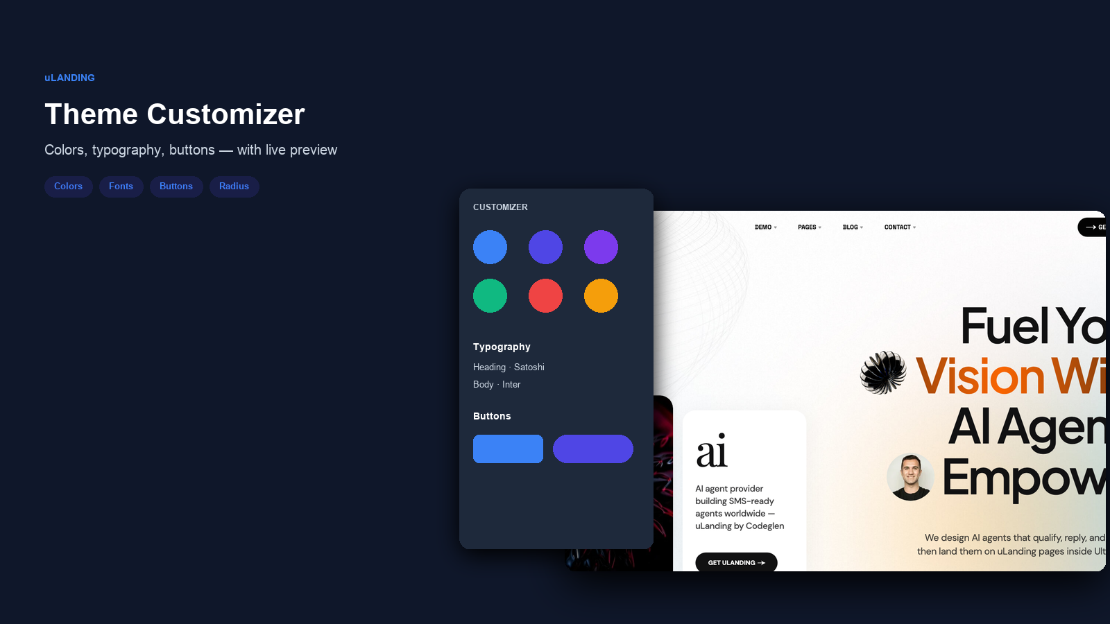uLanding Theme Customizer sidebar with live color and typography preview