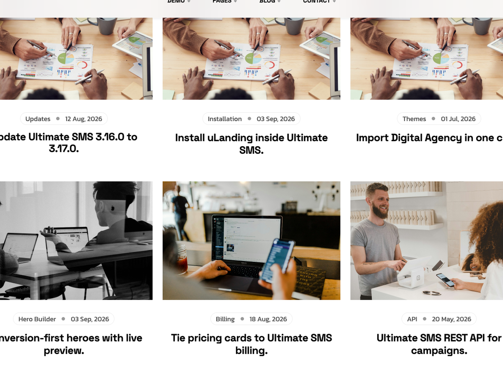 uLanding blog grid — card layout with featured images, titles, and post meta