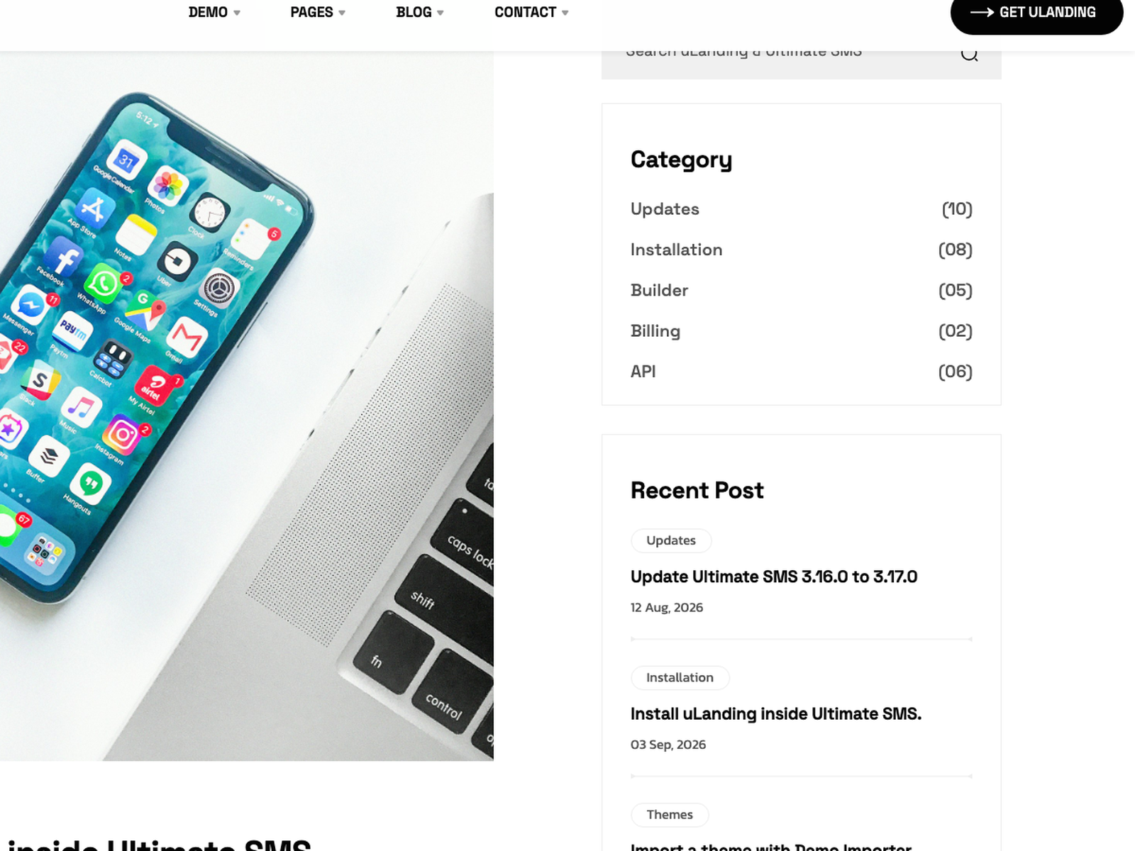 uLanding blog sidebar — search, categories, recent posts, and tags