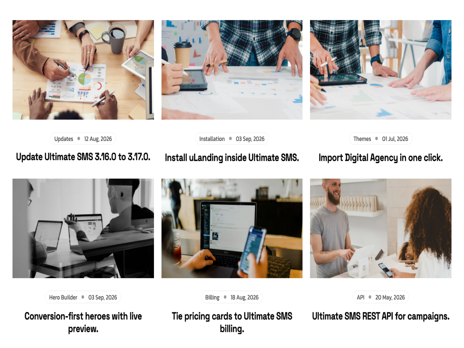 uLanding blog grid — card layout with featured images, titles, and post meta