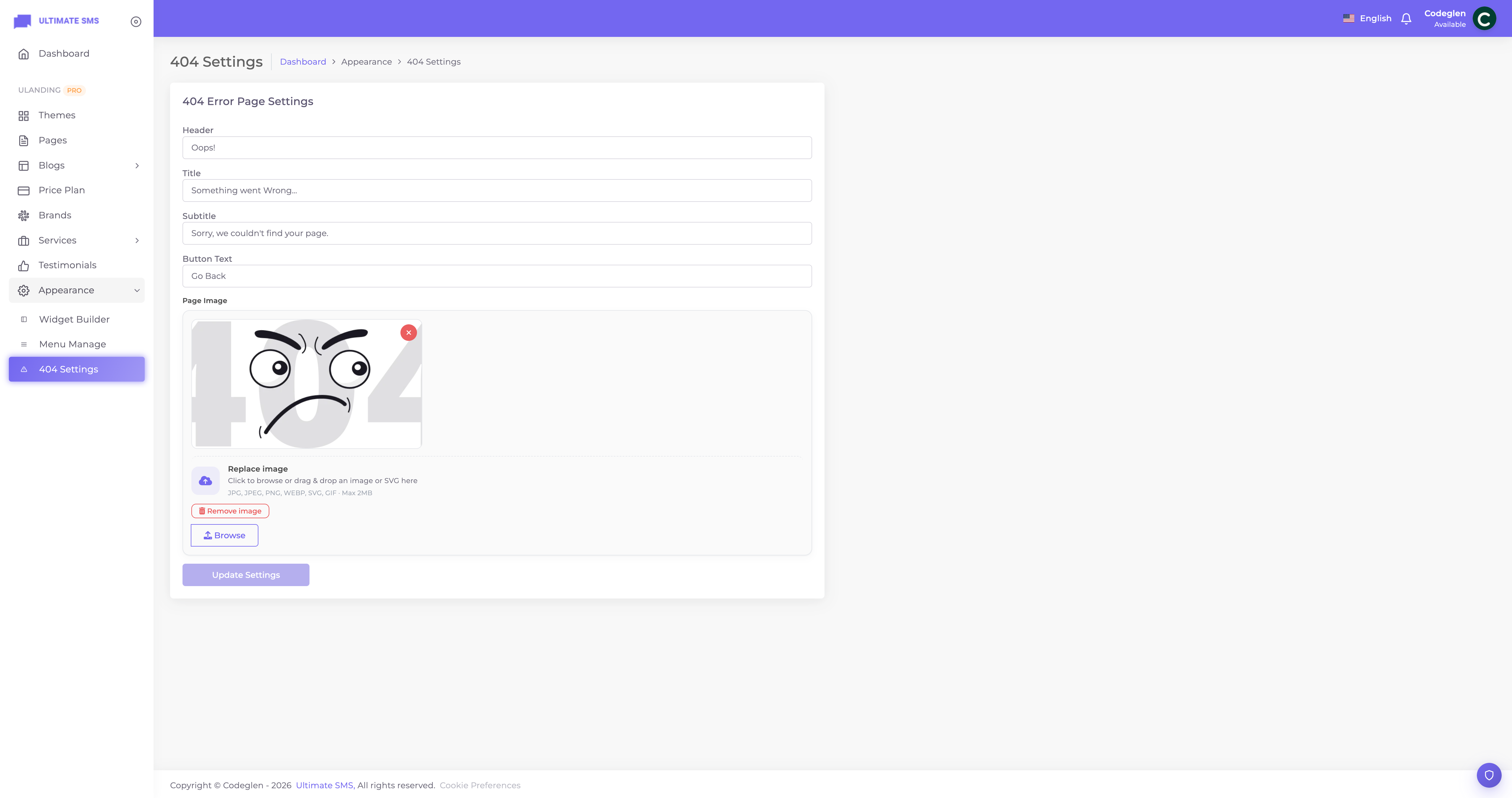 404 Settings screen