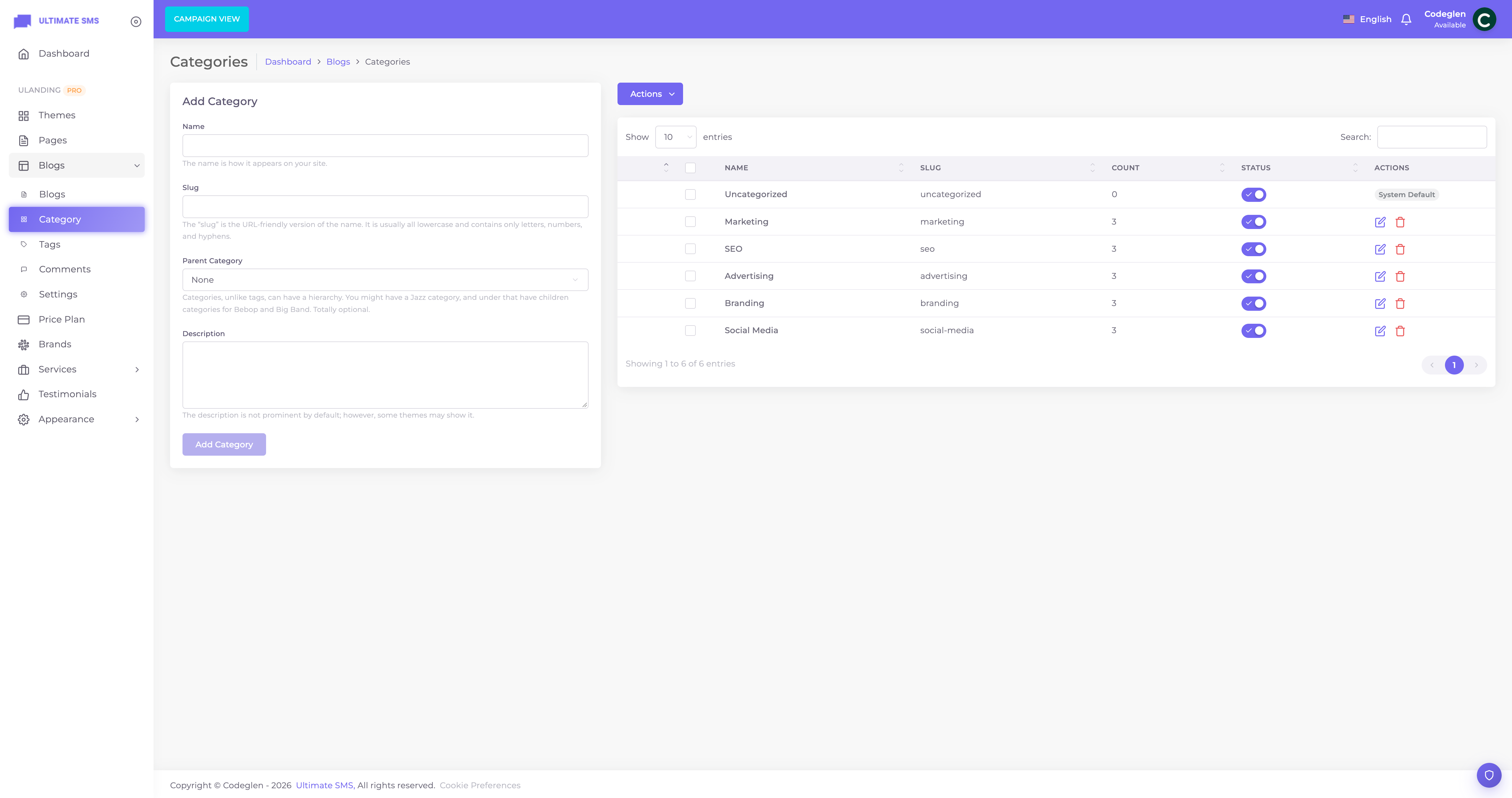 Blog categories screen