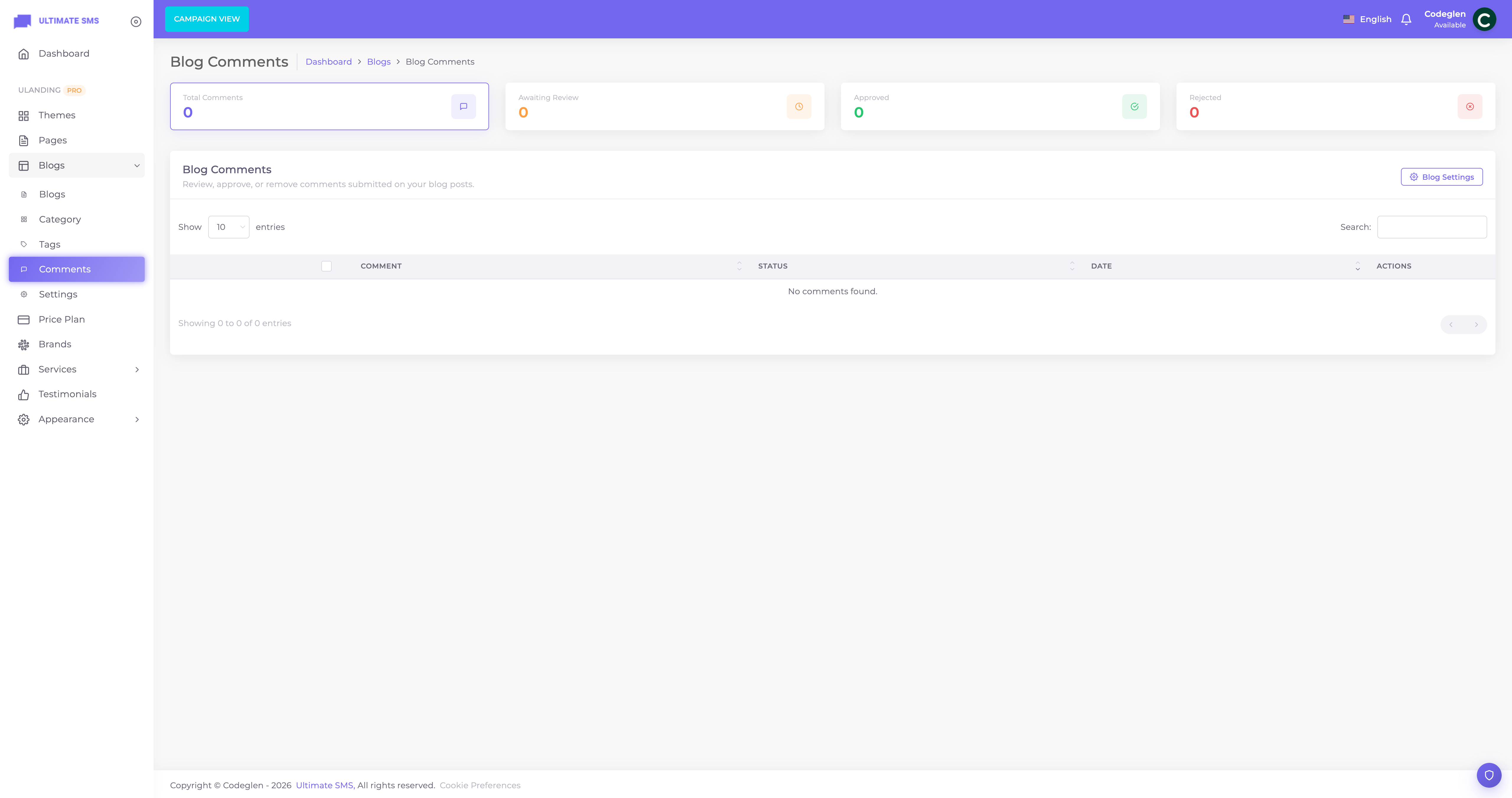 Blog comments moderation screen