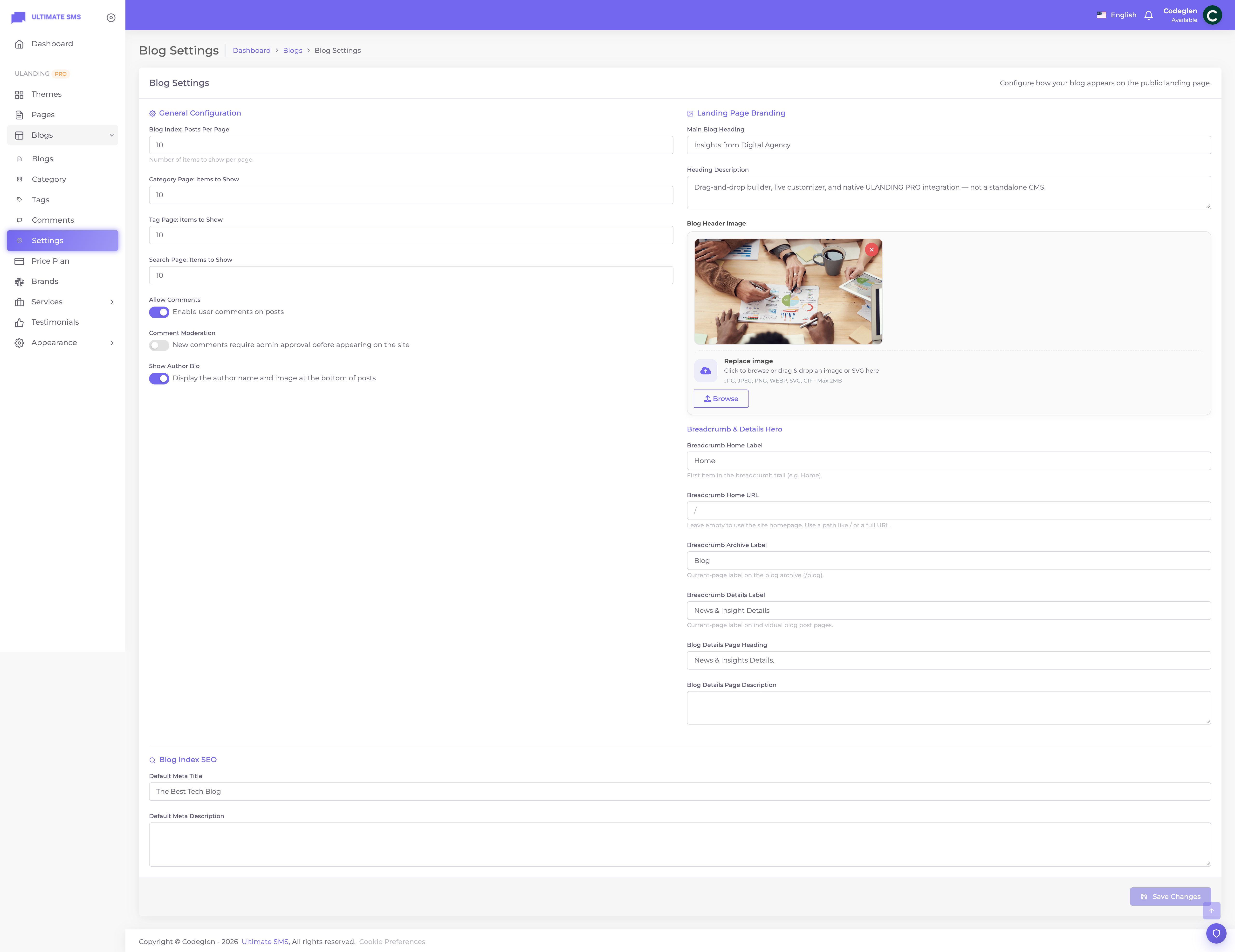 Blog settings screen
