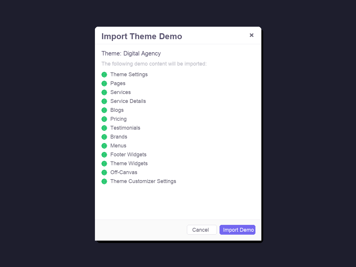Import Demo confirmation window listing all imported items