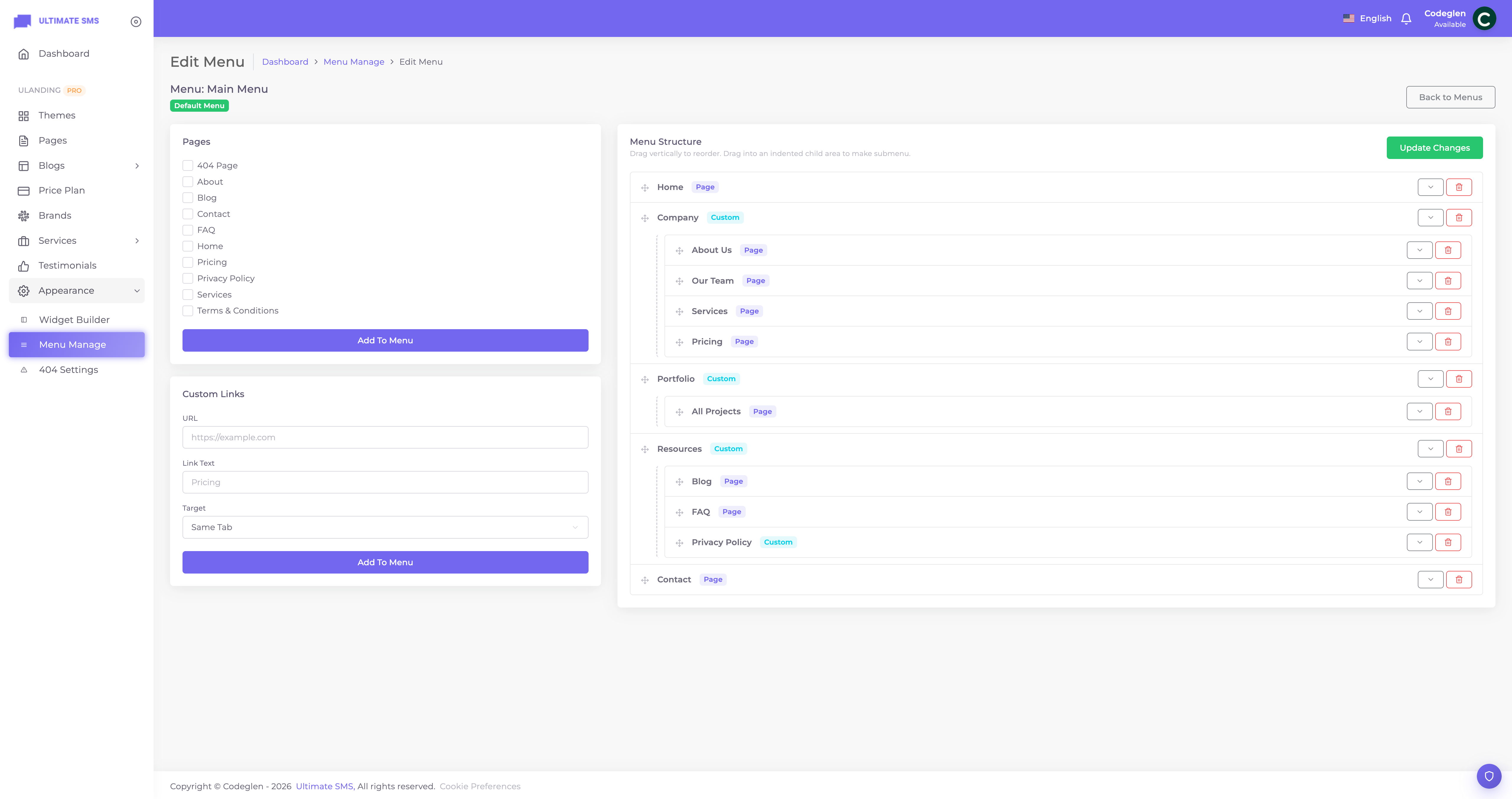 Drag-and-drop menu structure with nested dropdown items