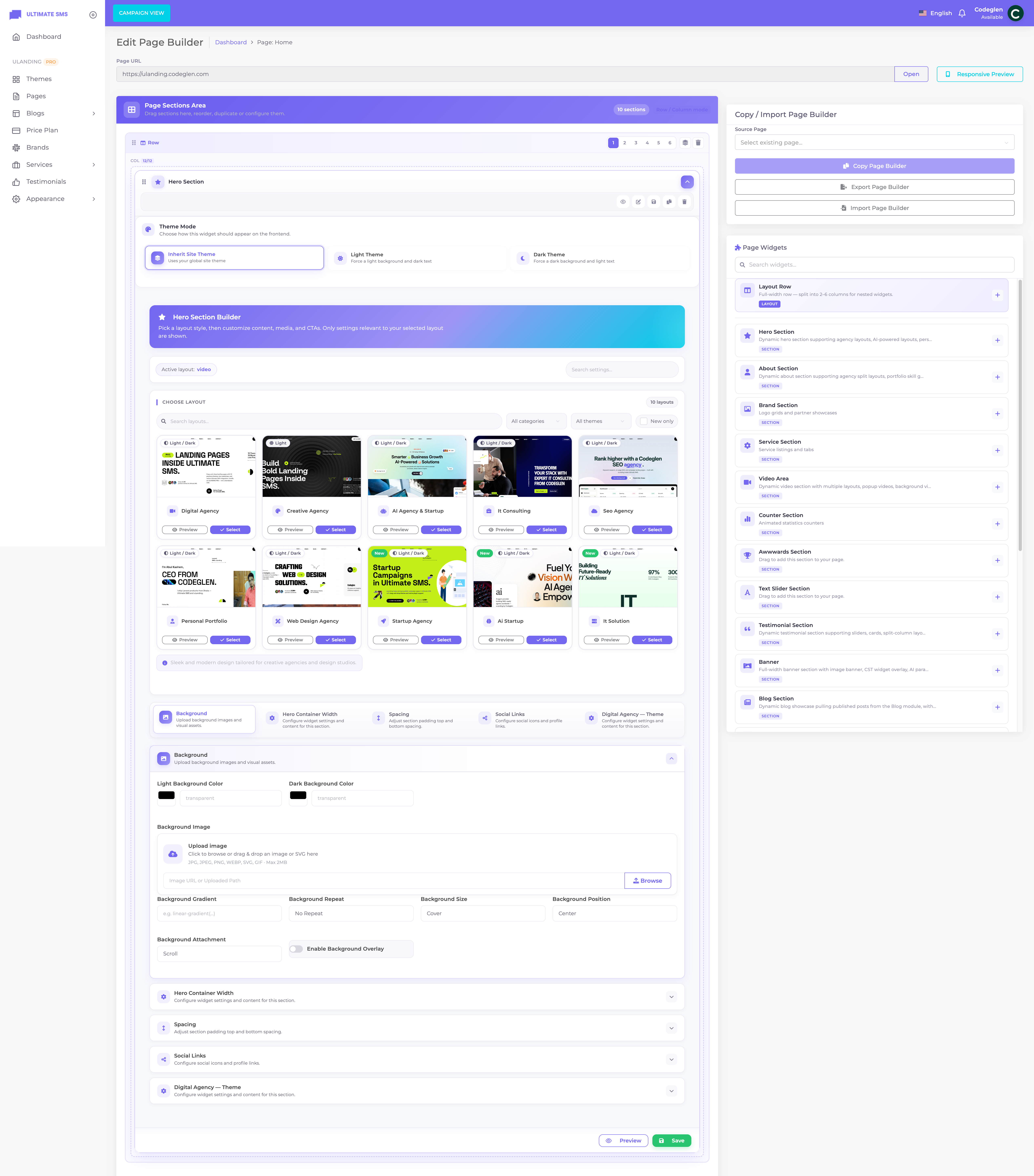Page Builder editing the Hero block