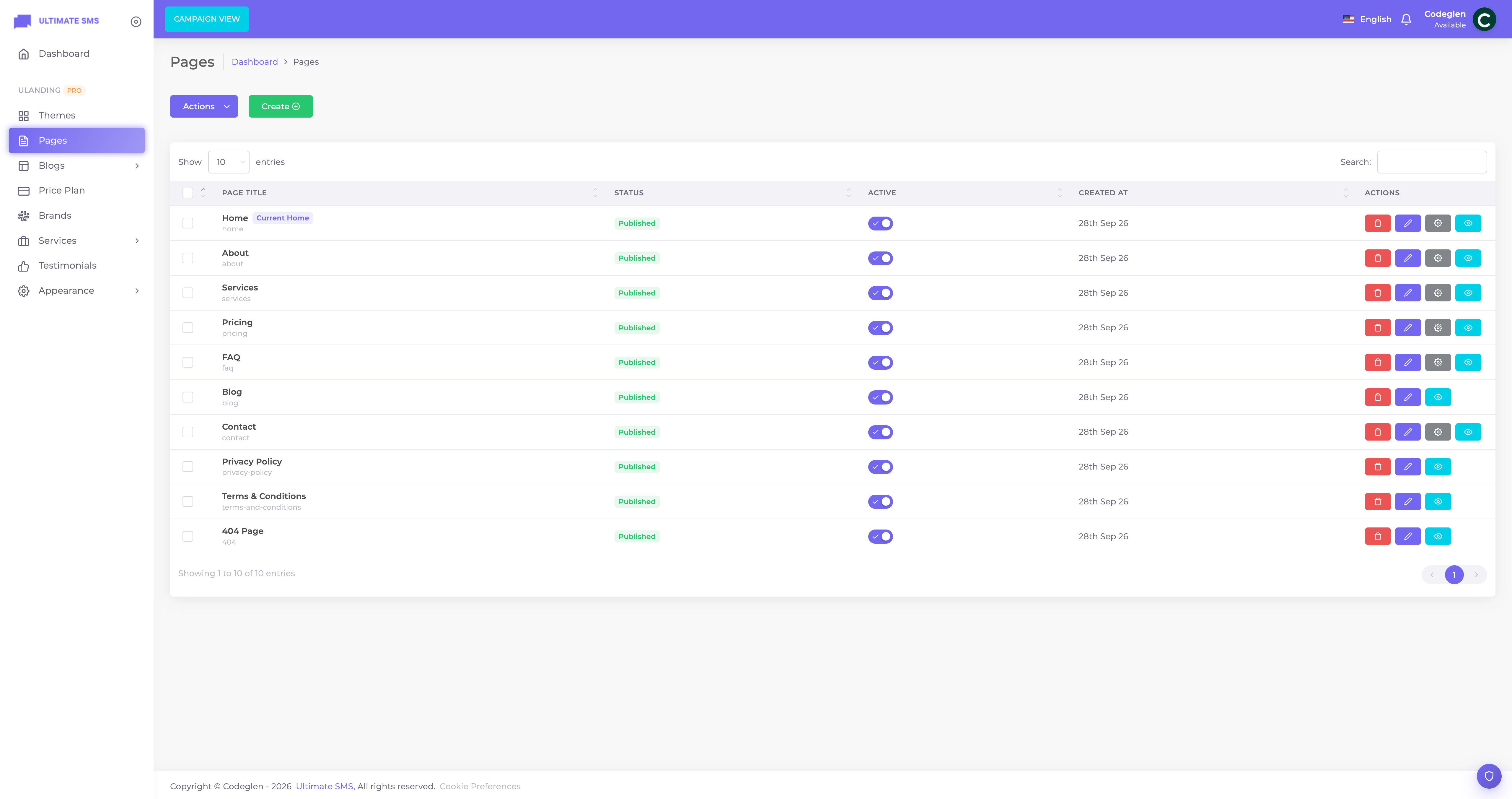 Pages list screen