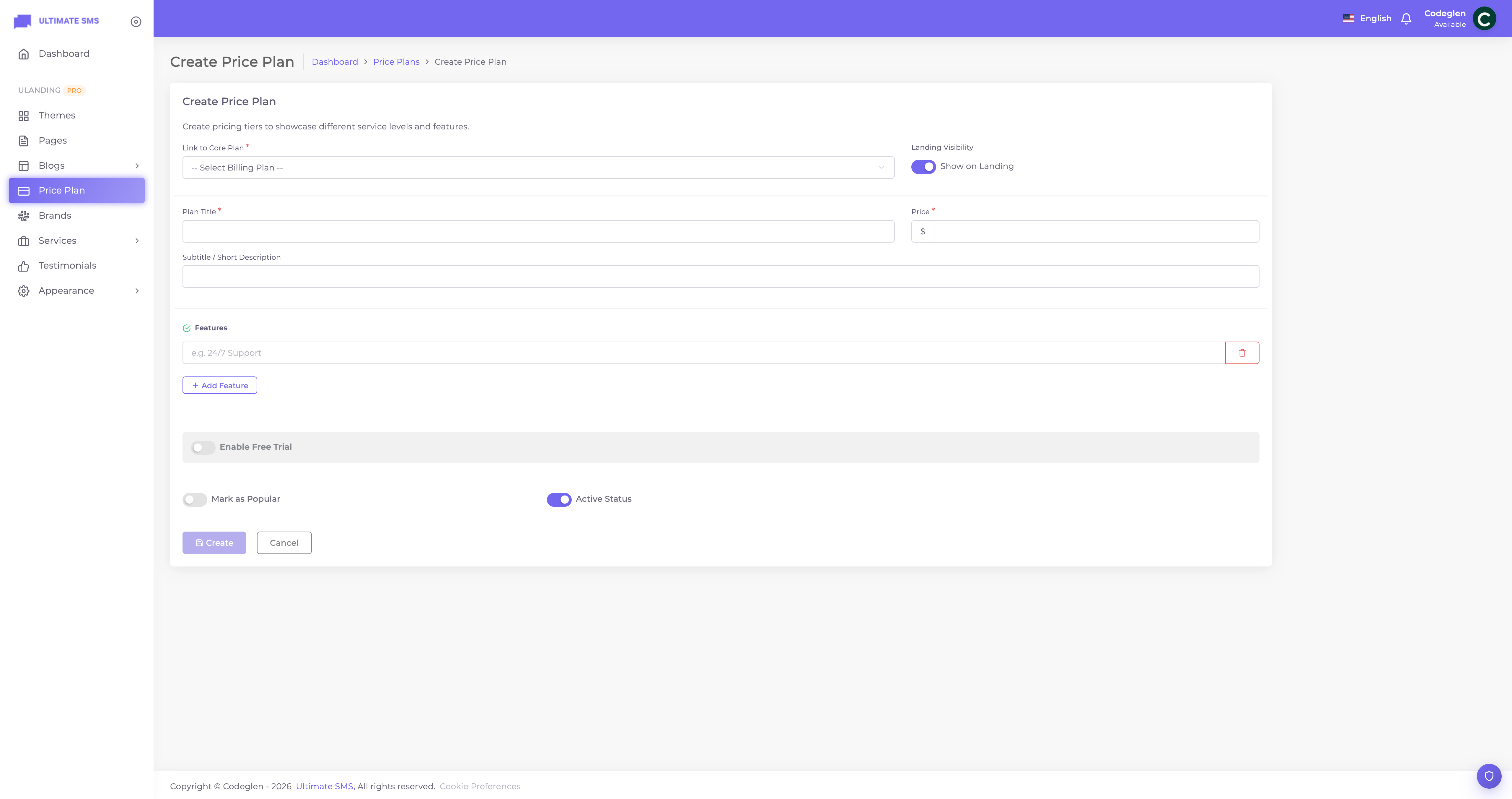 Create price plan form