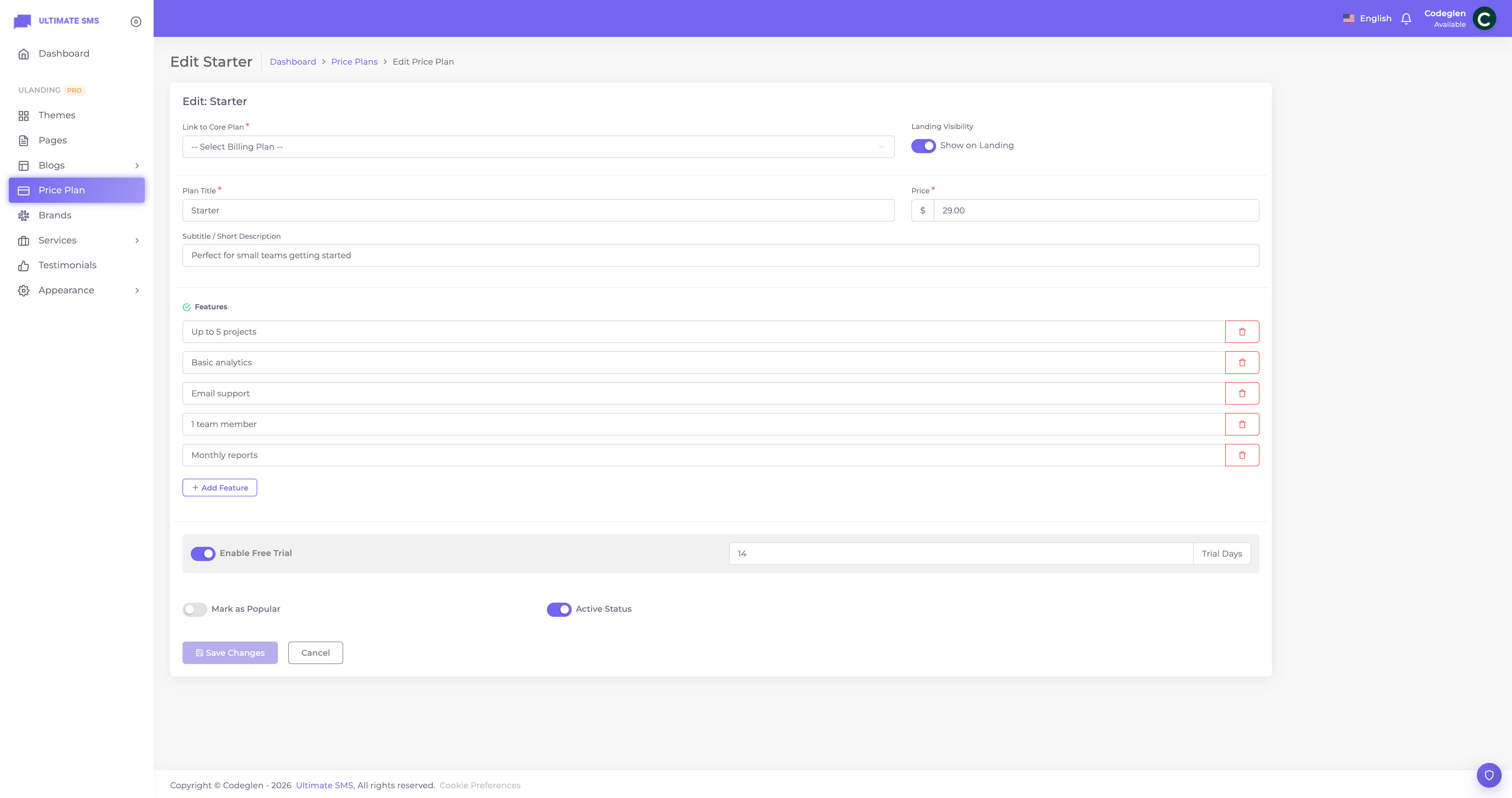 Edit price plan form