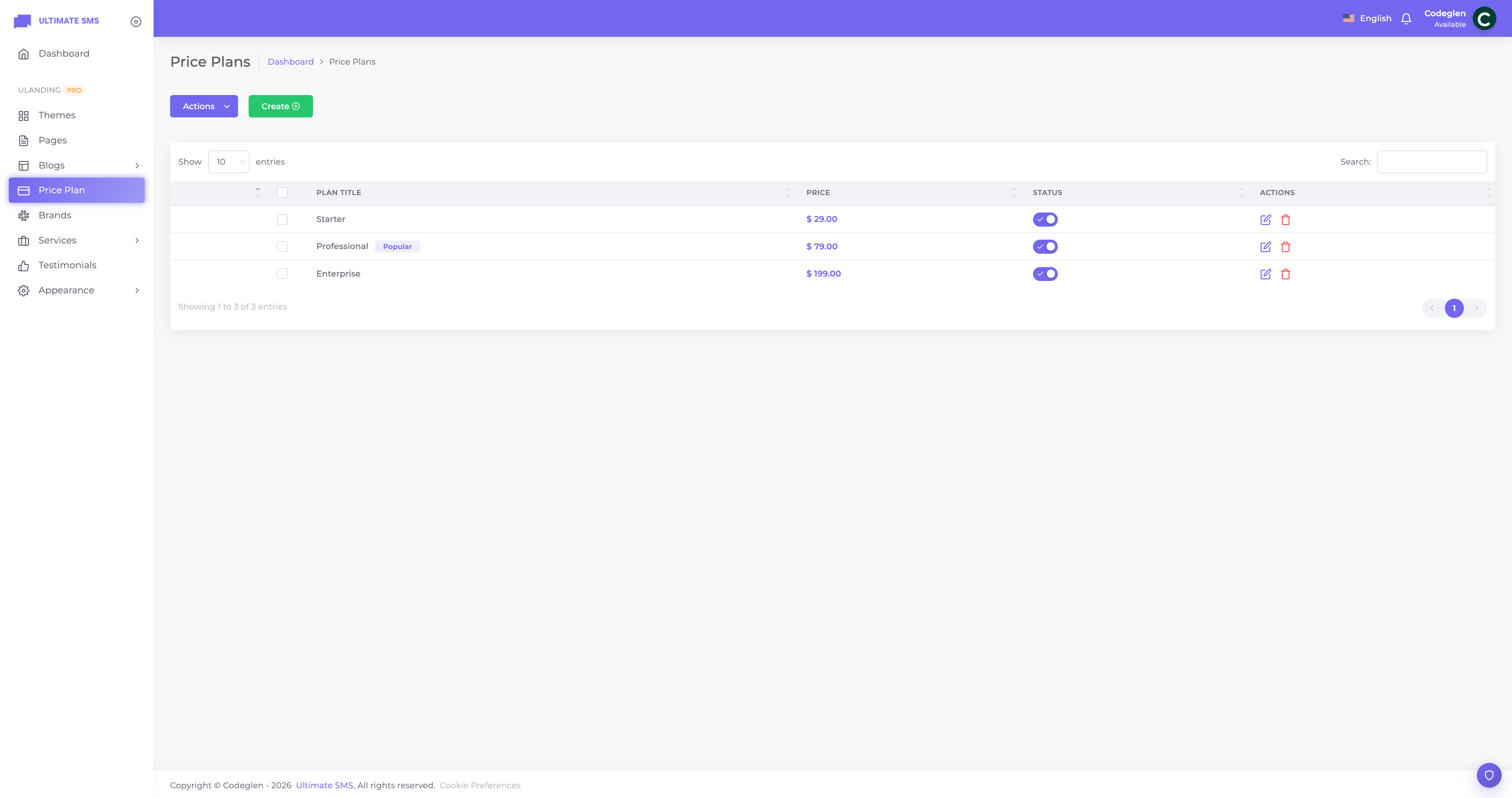 Price Plan list screen