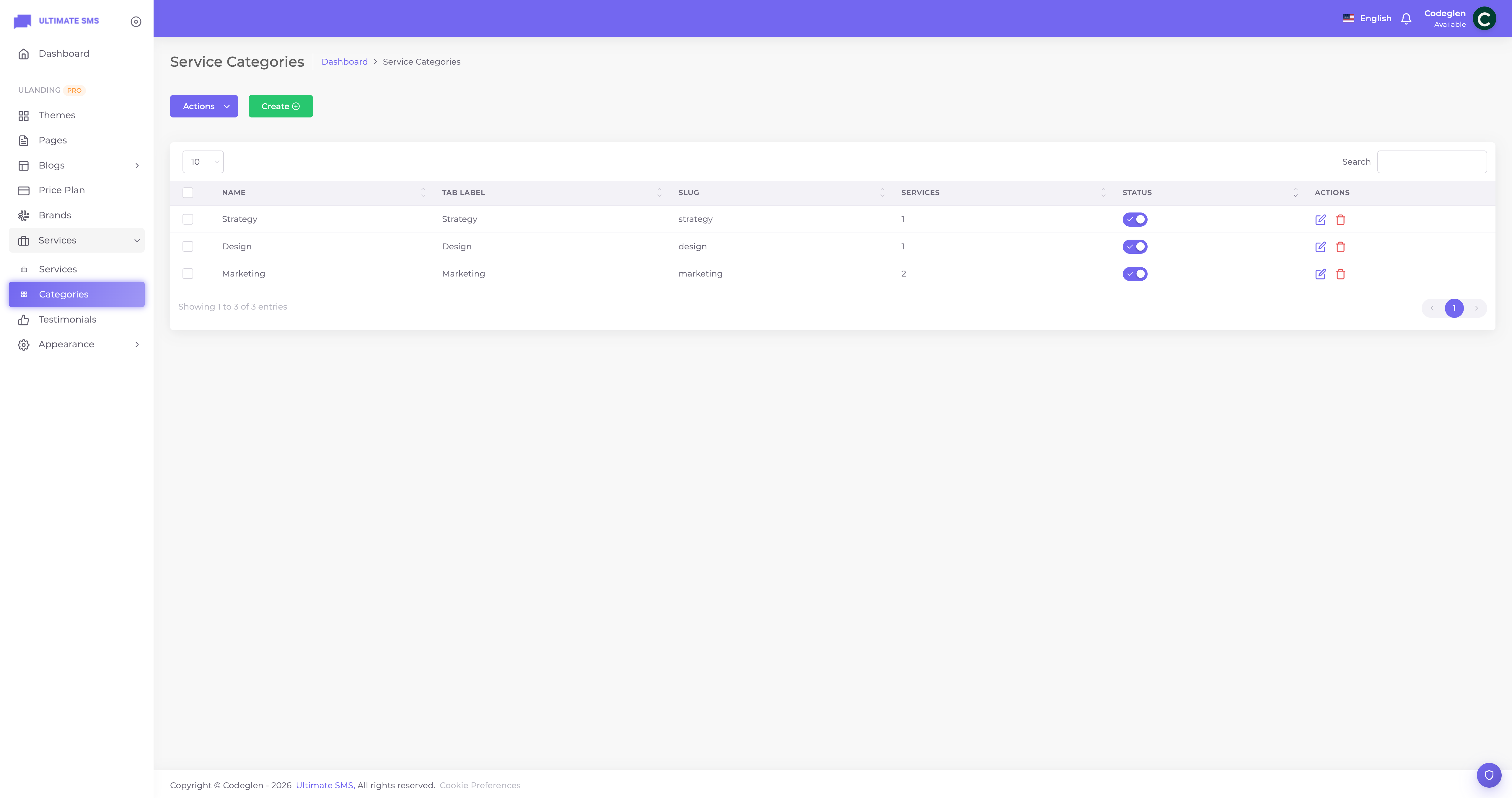 Service categories screen