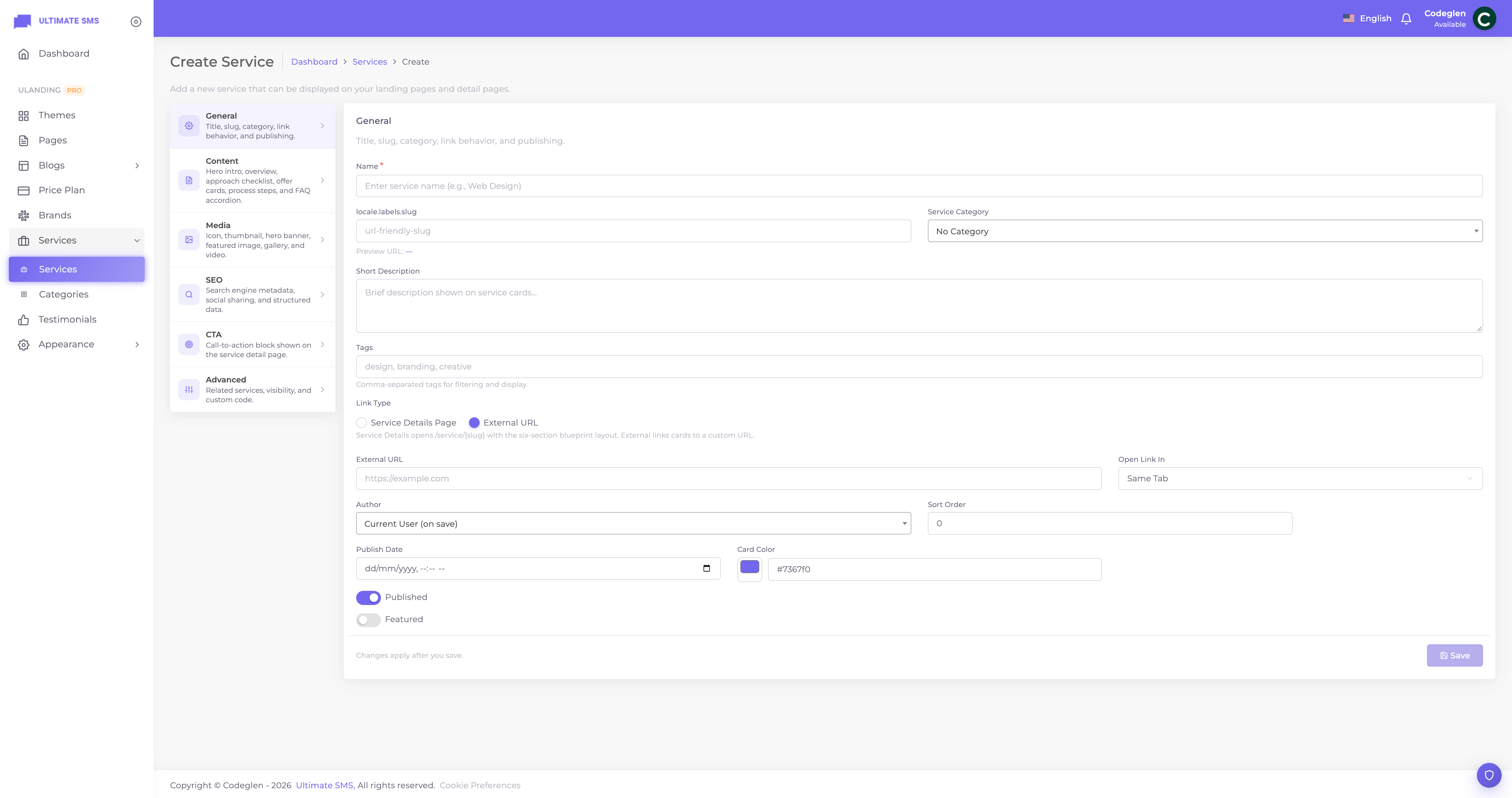 Service create/edit form showing the tabs