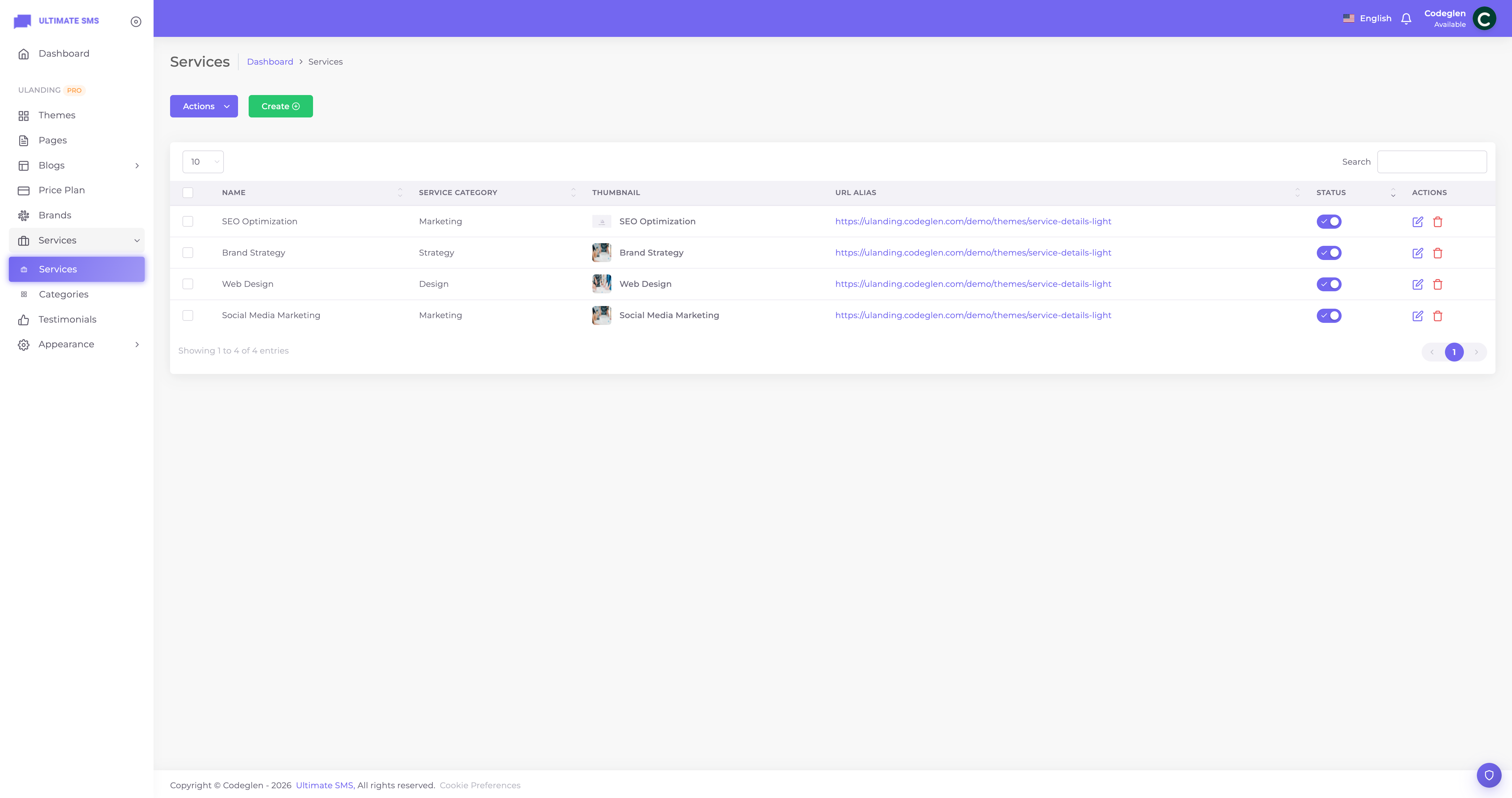 Services list screen with search, status toggles and bulk actions