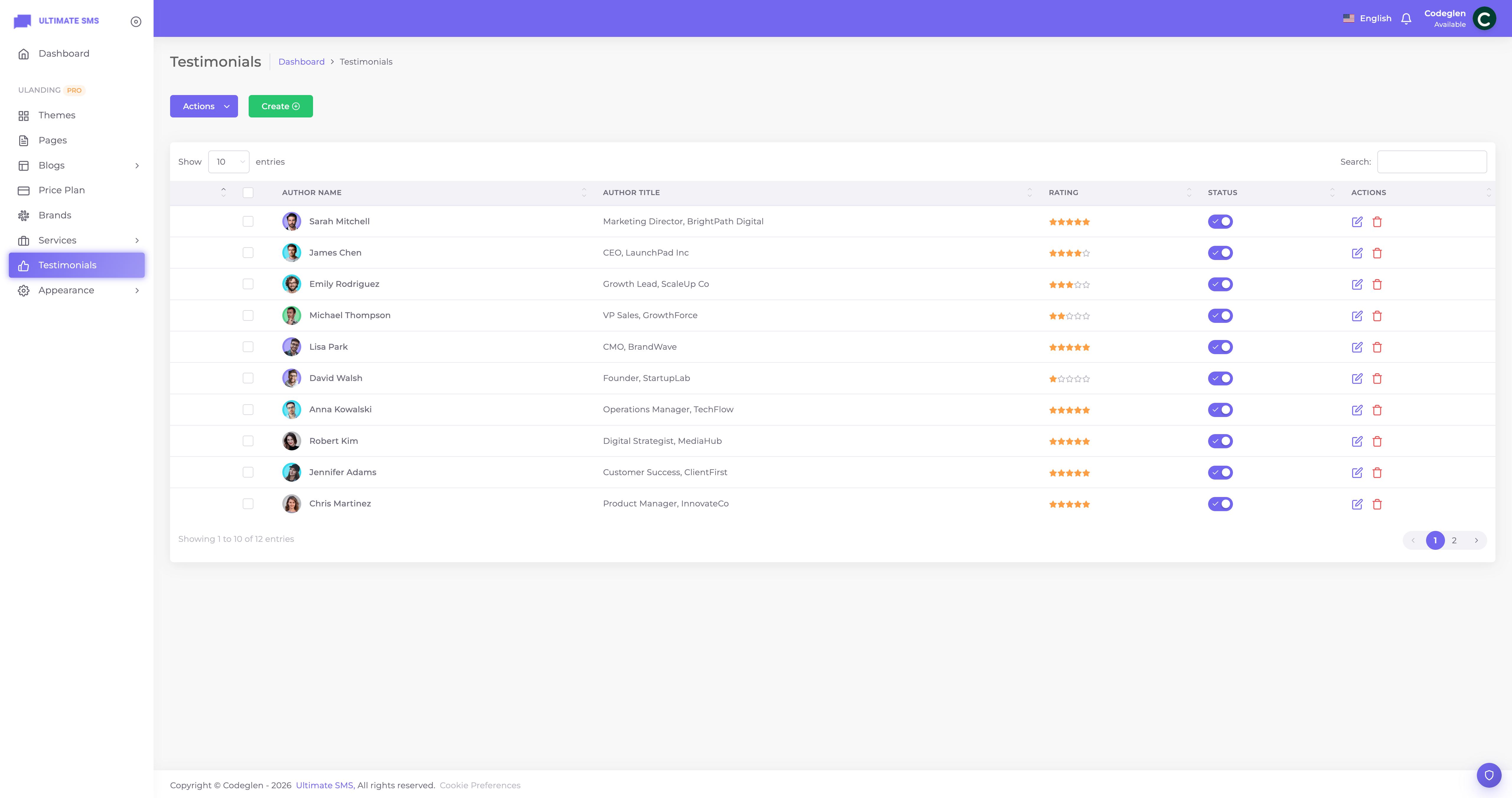 Testimonials list screen
