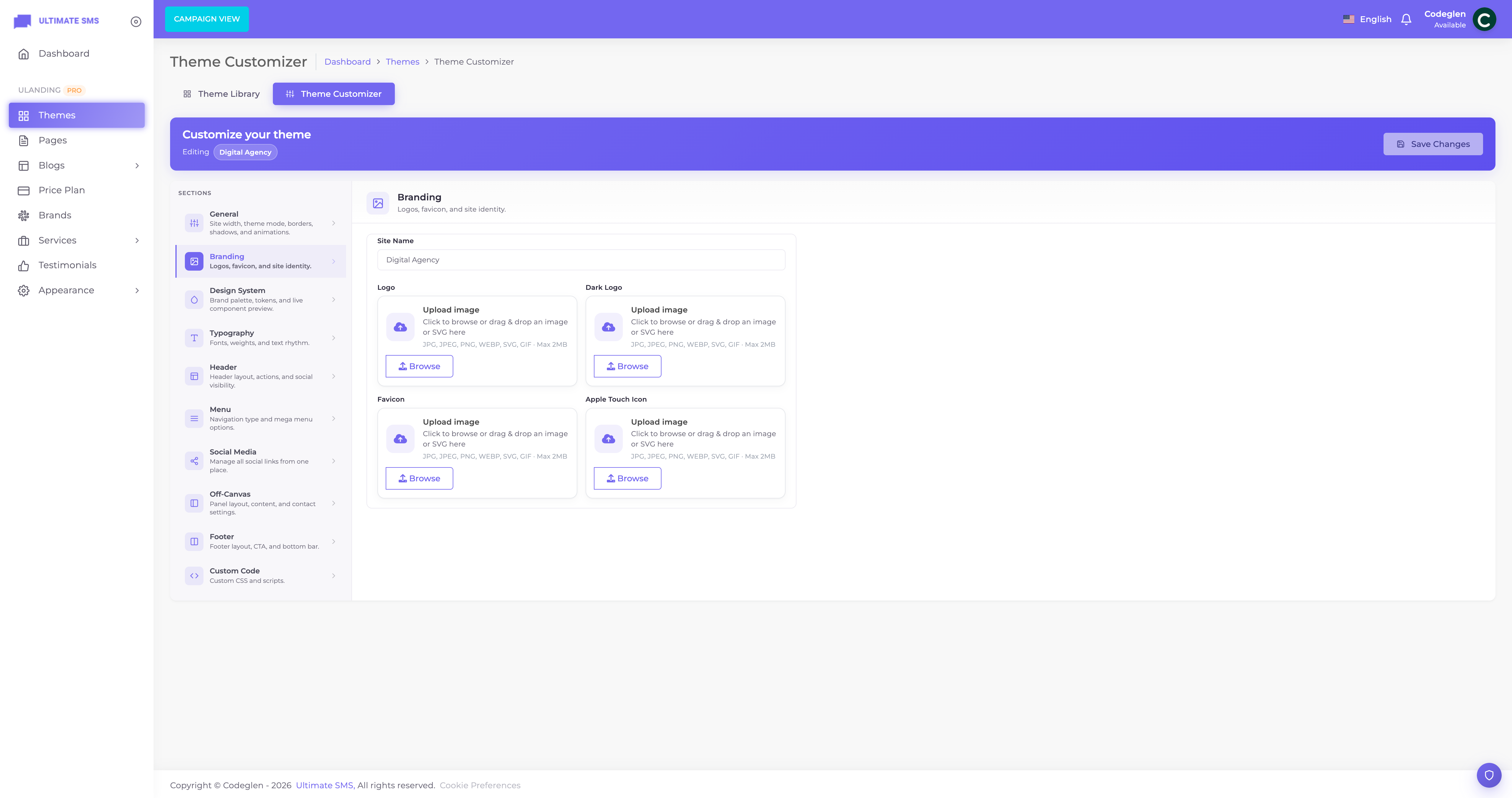 Theme Customizer with Branding and Colors panels