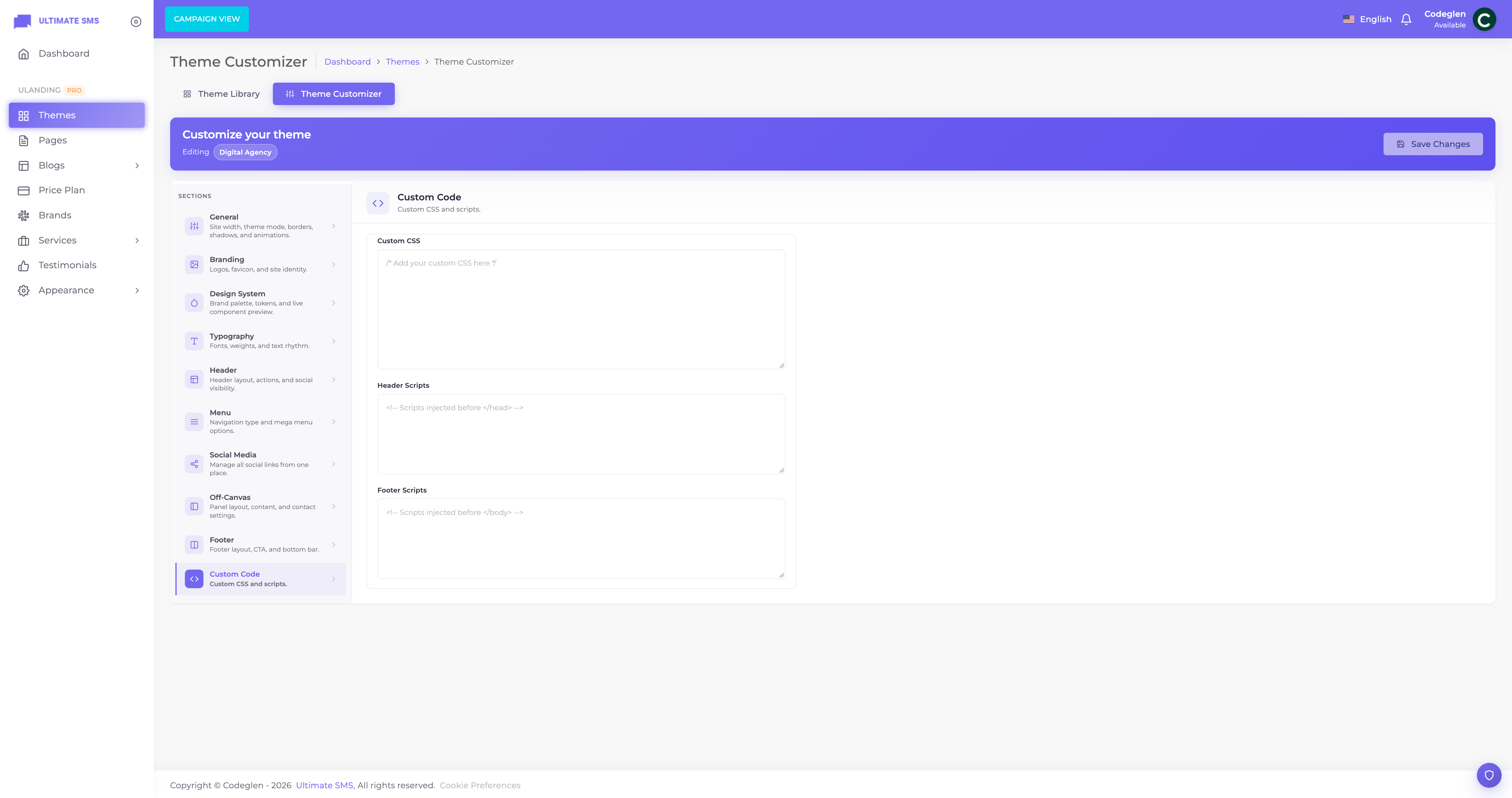 Customizer → Custom Code panel