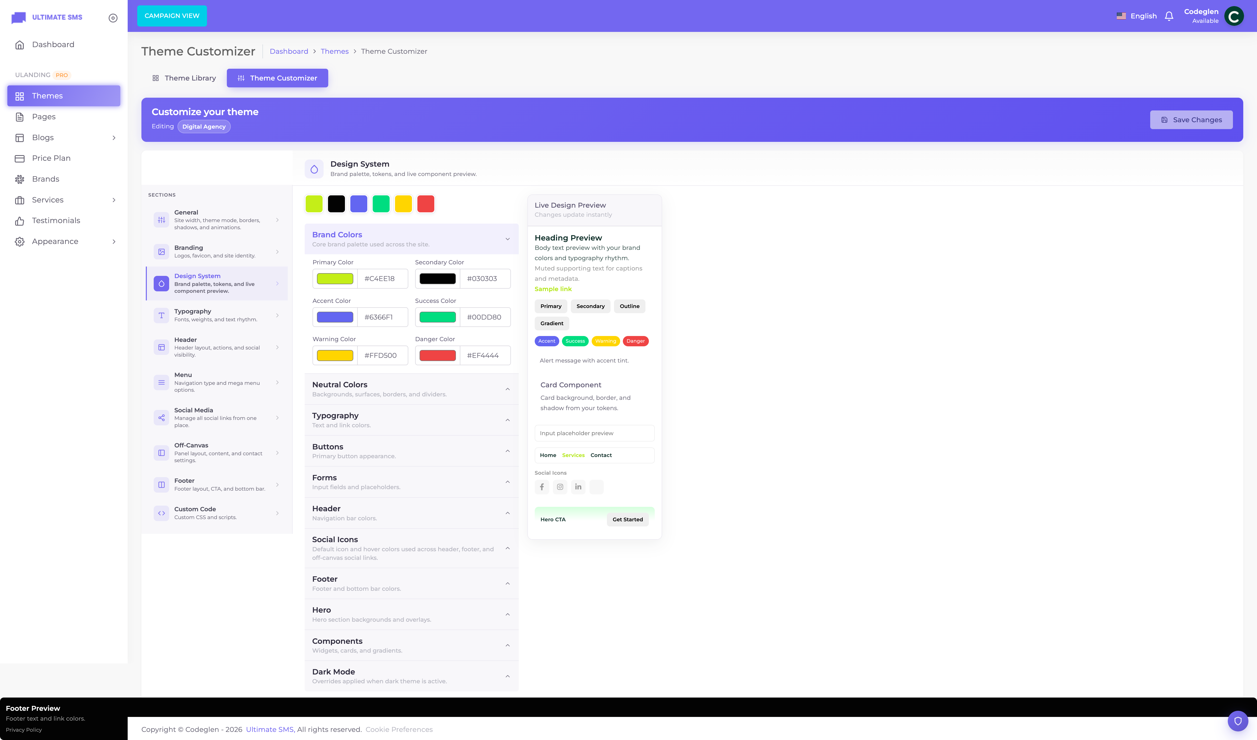 Customizer → Design System / Colors panel