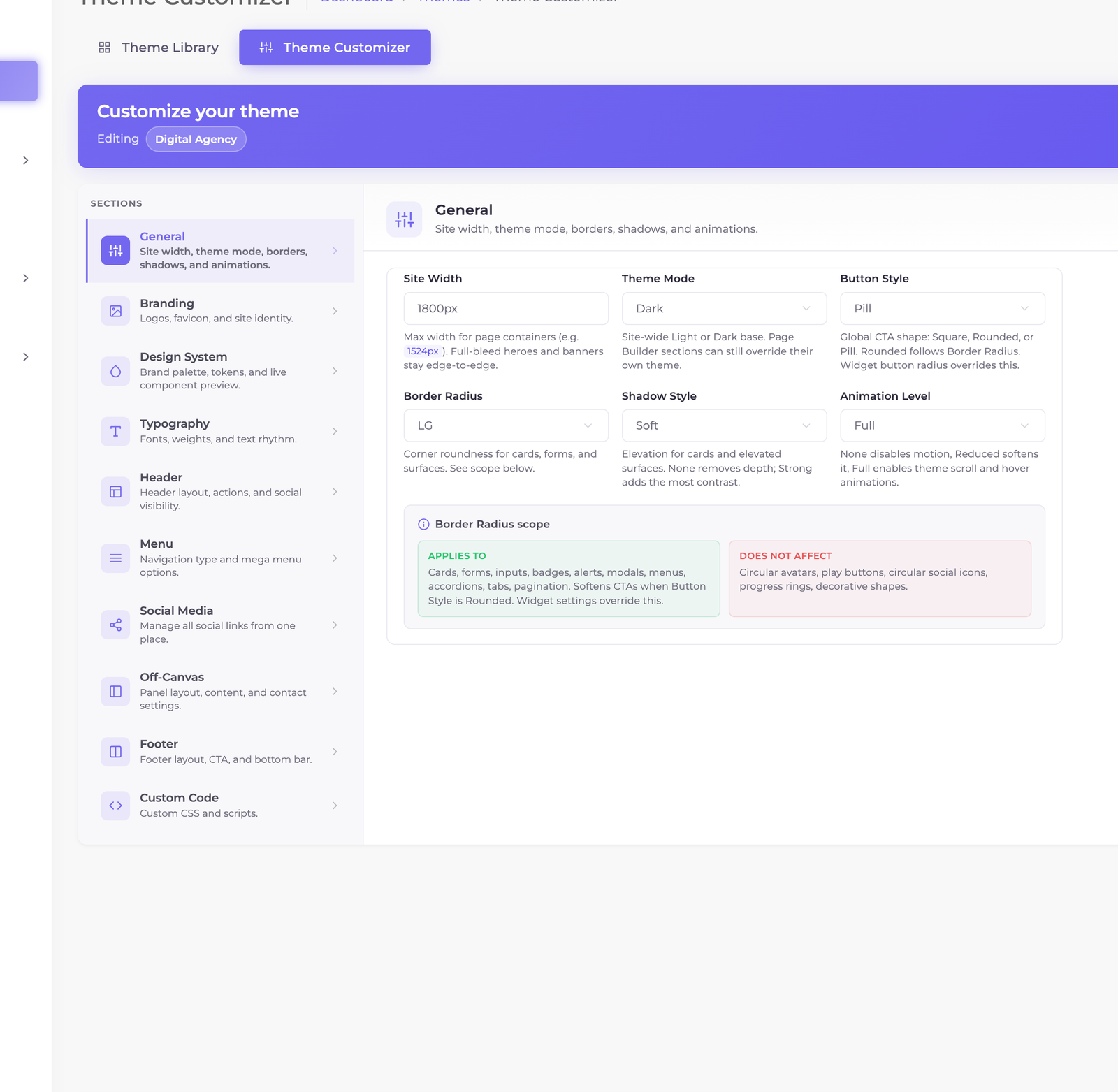 Customizer → General panel