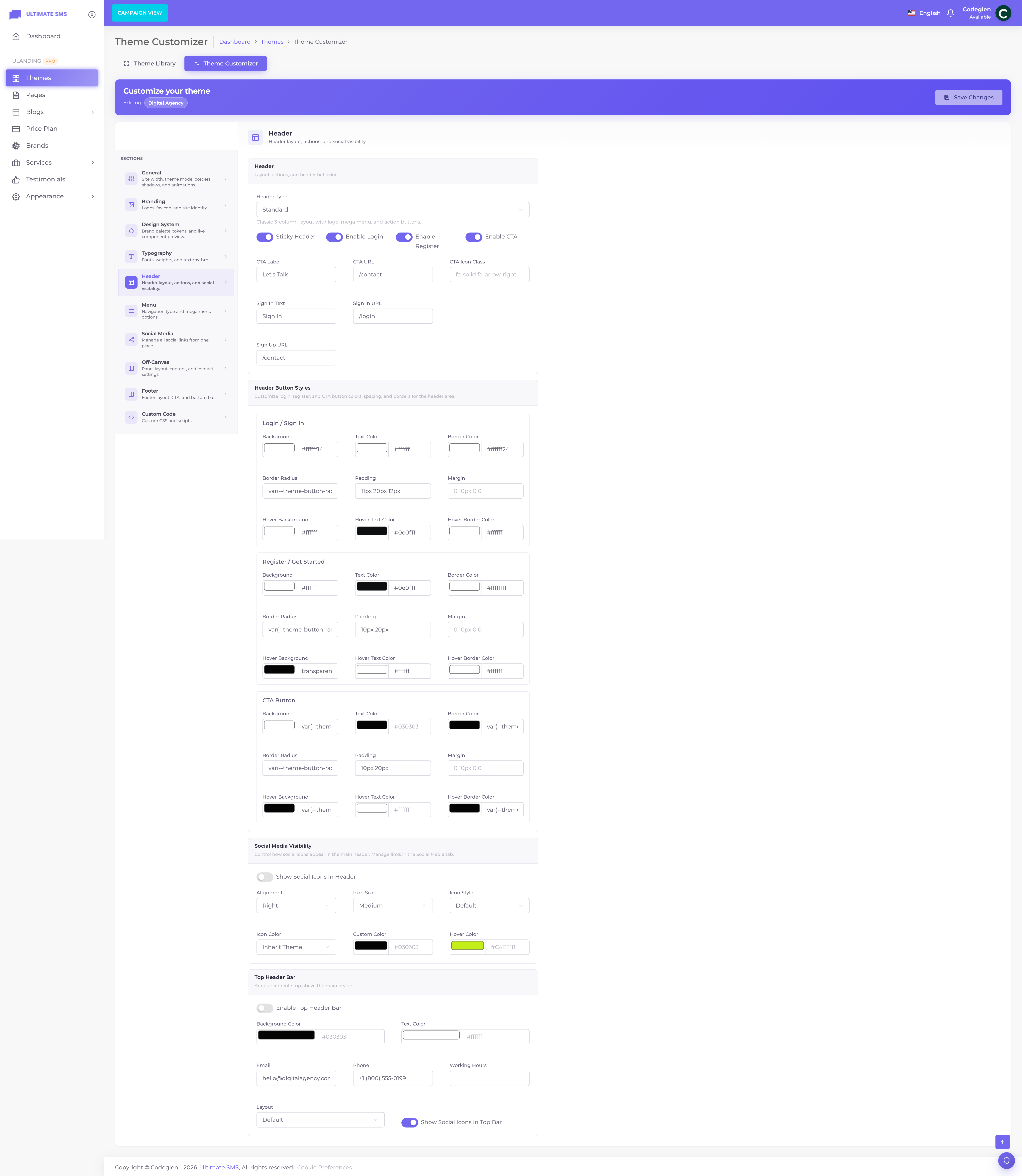 Customizer → Header panel