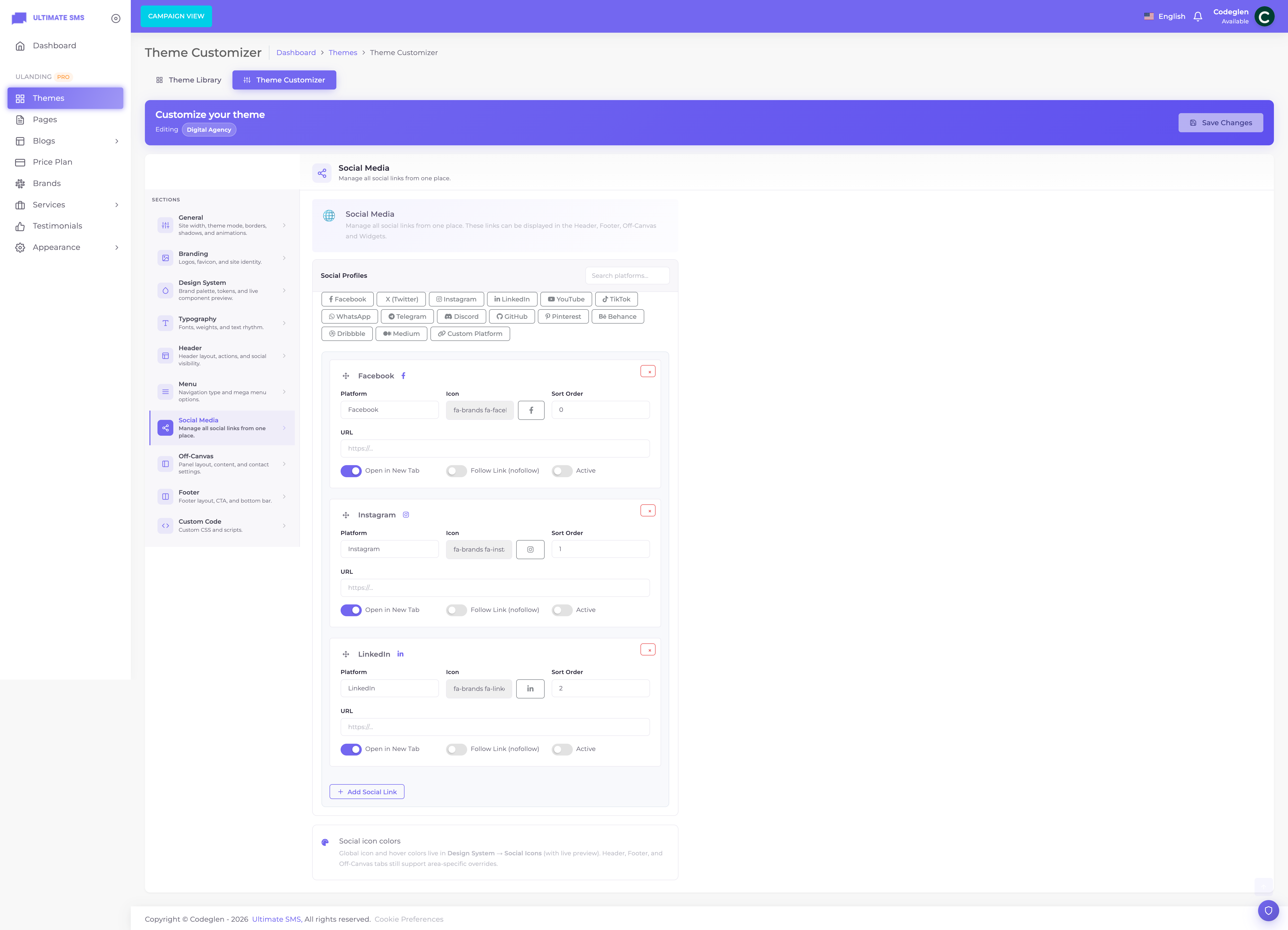 Customizer → Social panel with platform links