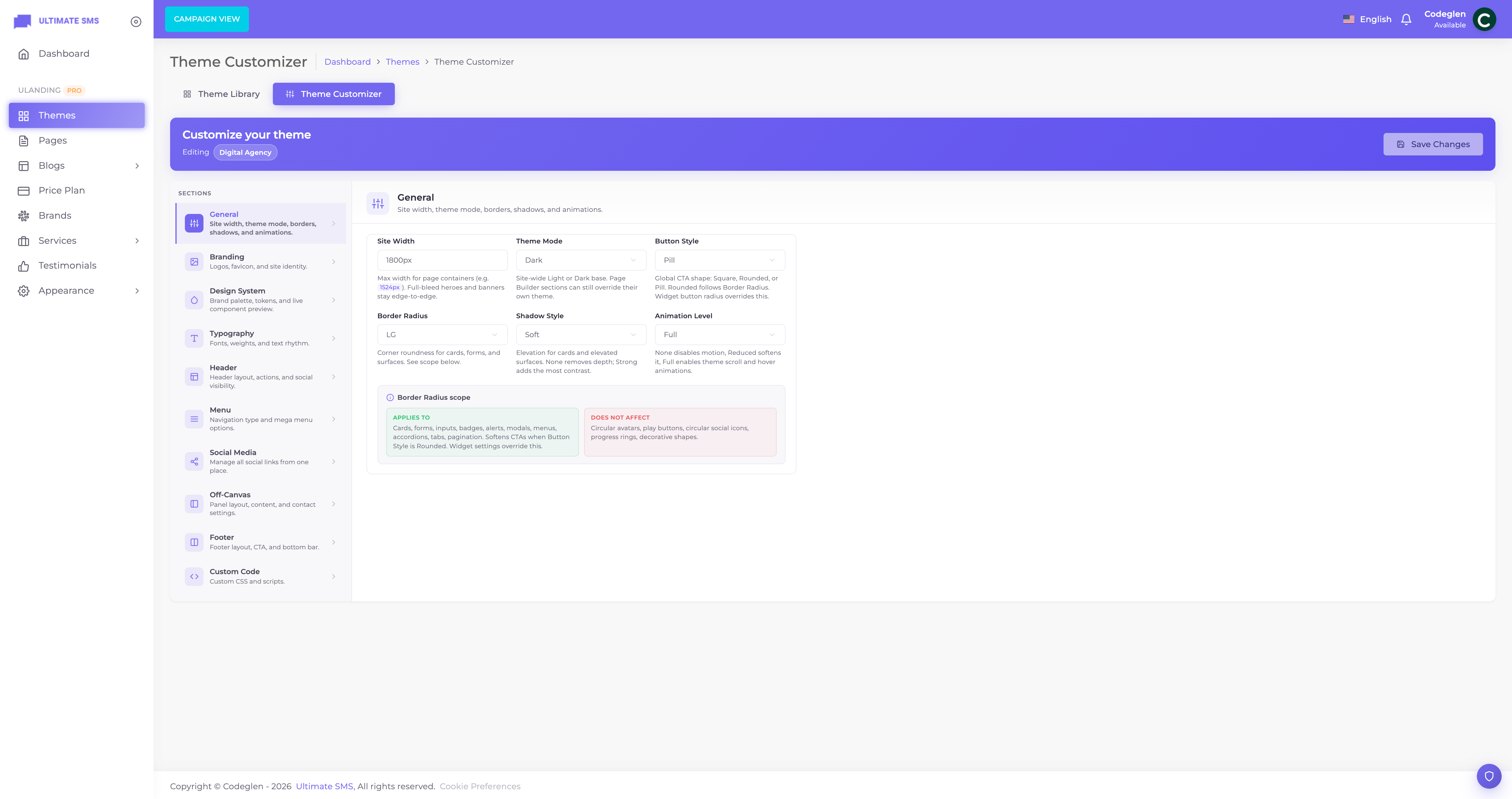 Themes → Customizer with panels and live preview