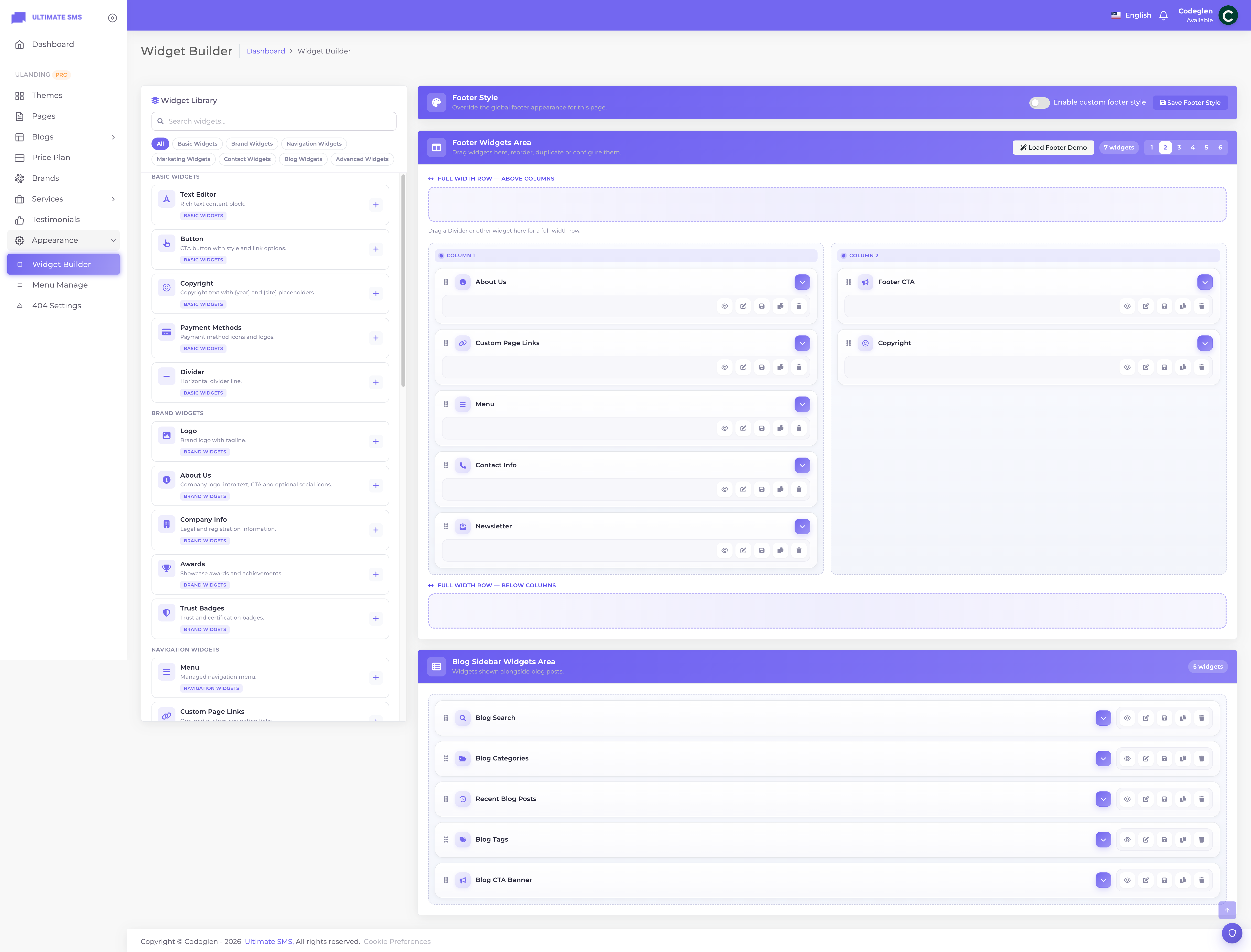 Appearance → Widget Builder (footer area with columns)